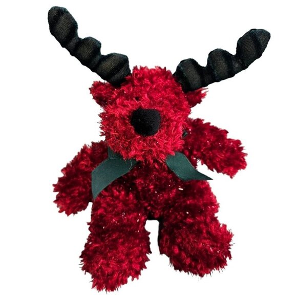 Russ Berrie Christmas Moose Twinkle Burgundy Chenille Plush Velvet Green Antlers - Picture 1 of 9